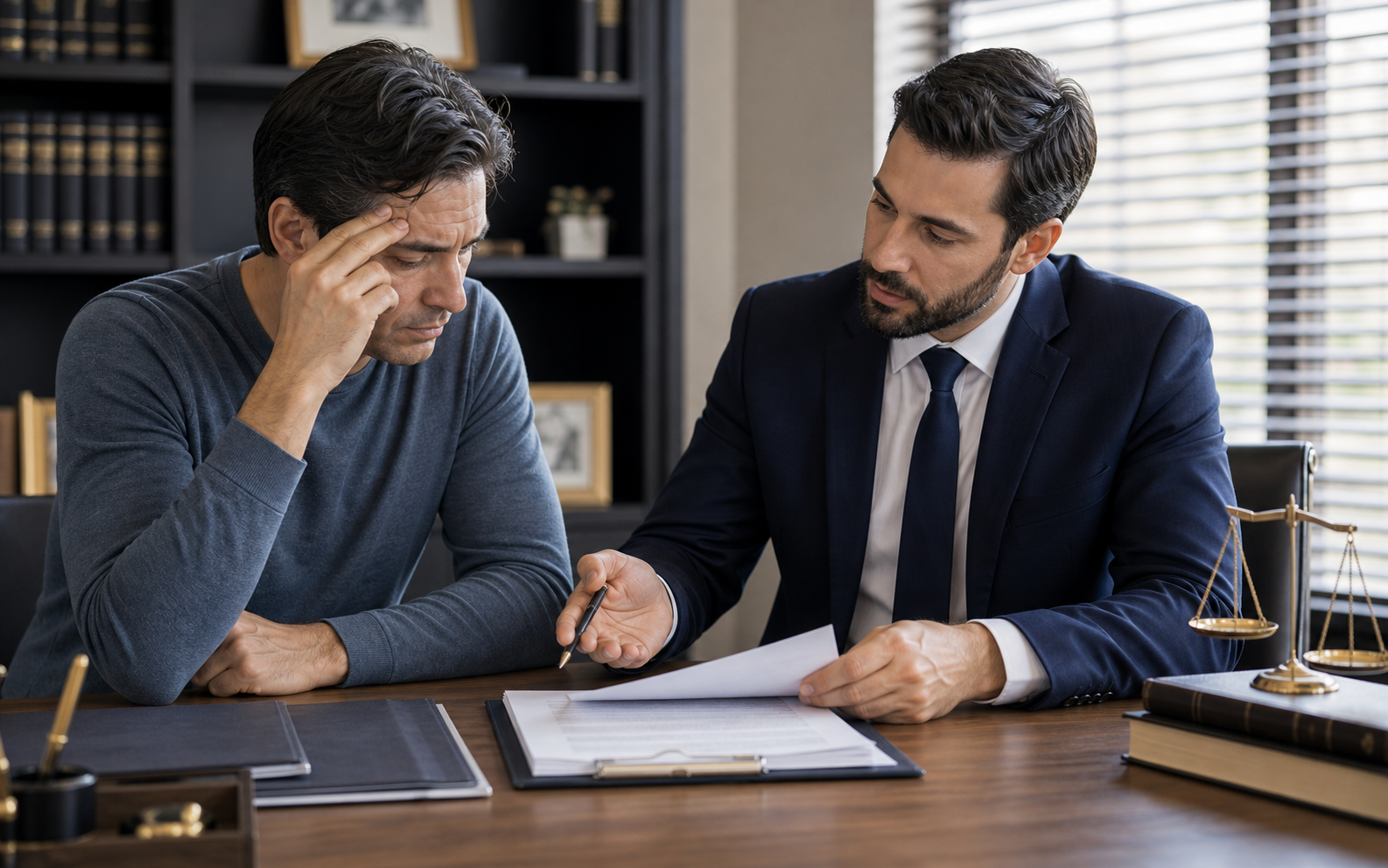 Cliente preocupado revisando documentos legales con acompañamiento profesional