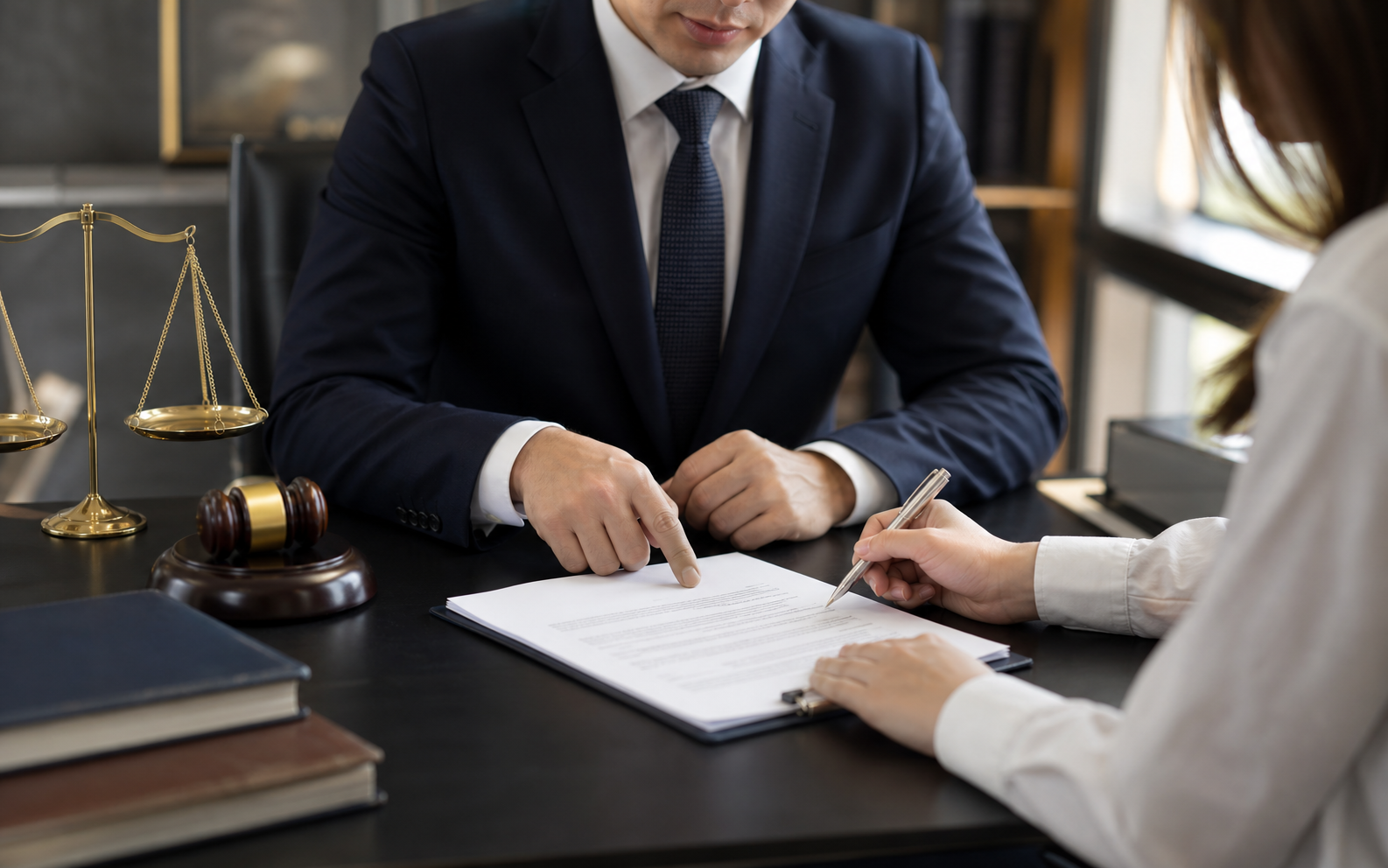 Persona revisando y firmando documentos legales