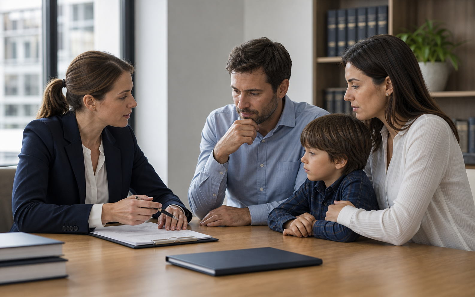Familia en consulta legal con abogada