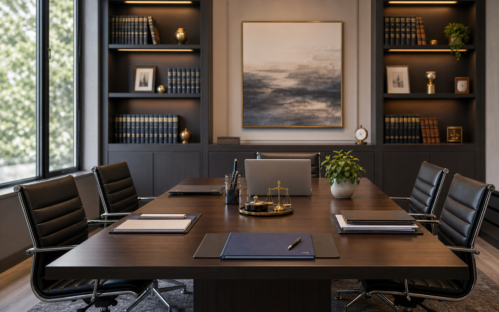 Sala de reuniones de bufete moderno preparada para revisar expedientes
