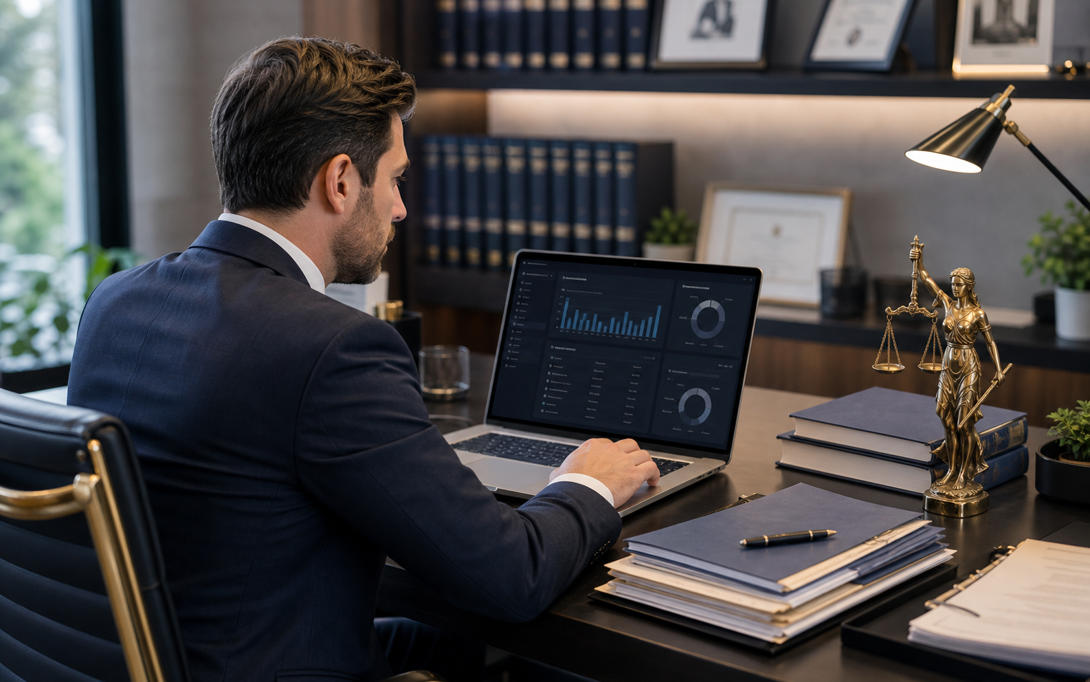 Abogado revisando un dashboard de casos legales en un portátil