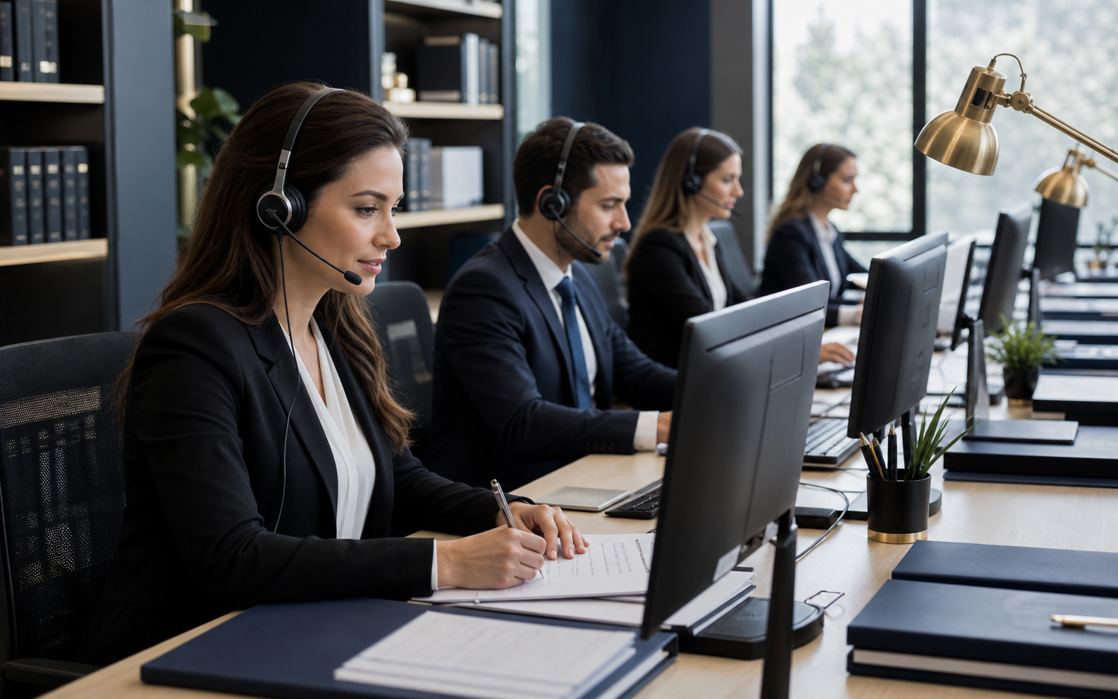 Equipo humano de call center legal atendiendo llamadas y consultas